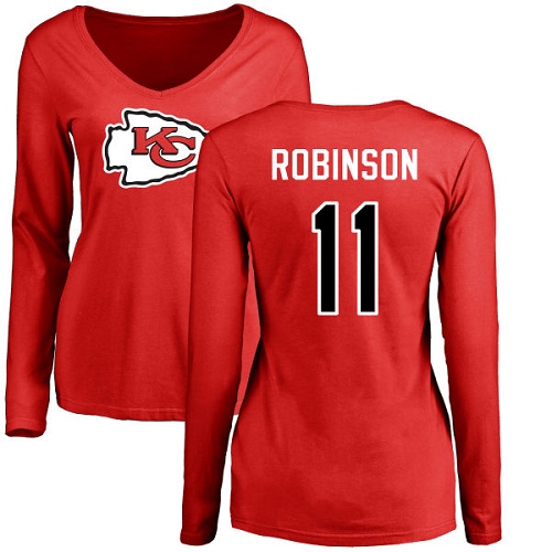 Women Football Kansas City Chiefs #11 Robinson Demarcus Red Name and Number Logo Slim Fit Long Sleeve T-Shirt